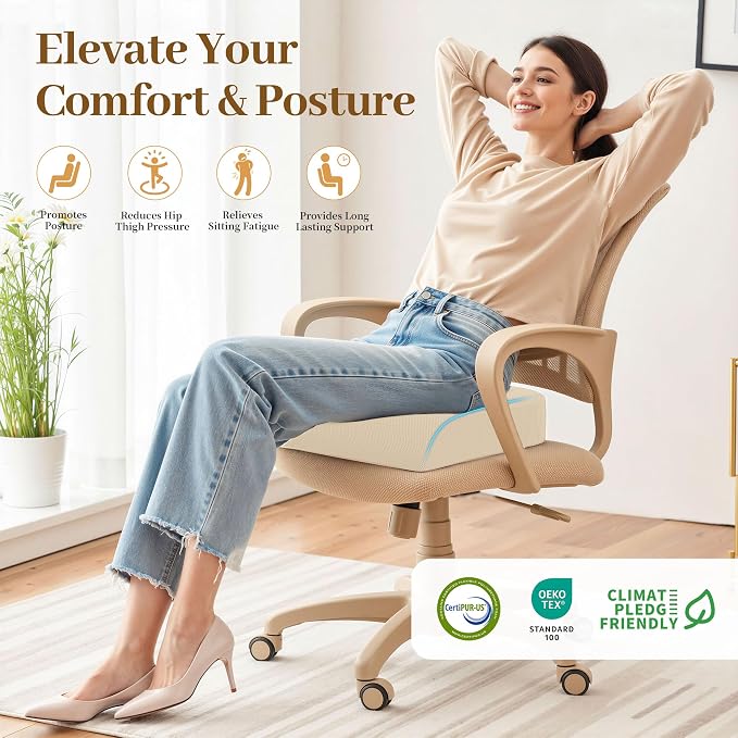 TranquilRelax Memory Foam Seat Cushion for Office Chair, 3-Inch, Khaki | Medium-firm Support for Long Sitting, Washable Mesh Cover, Non-slip Base, Perfect for Car Seats & Short Drivers