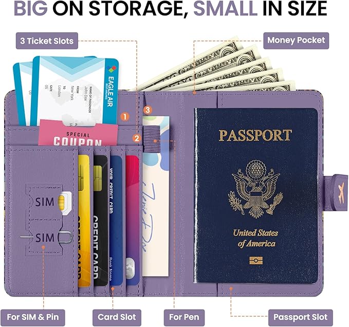 Passport Holder for Travel Essentials, RFID Blocking Leather Cover Wallet with Magnetic Closure, Aesthetic & Cute Passport Book Case for Women and Men - Violet