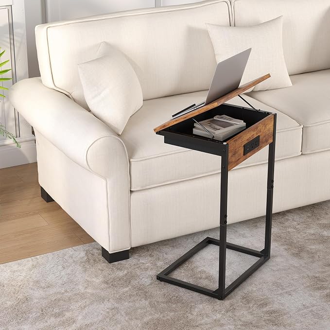sthmec C Shaped End Table with Charging Station, 45° Tiltable Adjustable Flip Top Table with Storage,Small C Table for Small Spaces,Slide Under Couch Sofa Bedside Table for Living Room,Rustic Brown