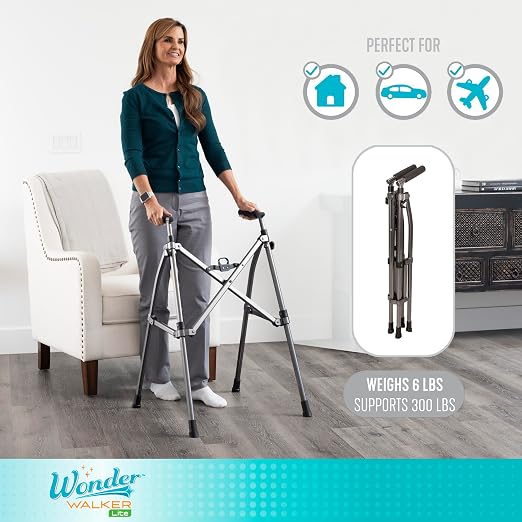 Stander Wonder Walker Lite Short, Lightweight Junior Folding Mobility Aid for Petite Adults, Seniors, and Elderly, Collapsible Travel Assistant with Rubber Feet for Support, Desert Sand