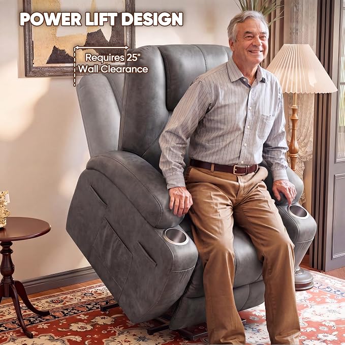 Flamaker Power Lift Recliner Chair Electric Lift Recliner for Elderly | Power Lift Recliner Chair with Cup Holders Side Pockets for Living Room (Leathaire, Light Gray)