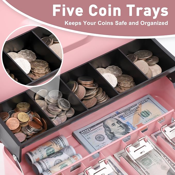 KYODOLED Locking Cash Box with Lock, Money Box with Cash Tray,Lock Safe Box with Key, Money Saving Organizer, 11.81Lx 9.45Wx 3.54H Inches, Pink XL Large