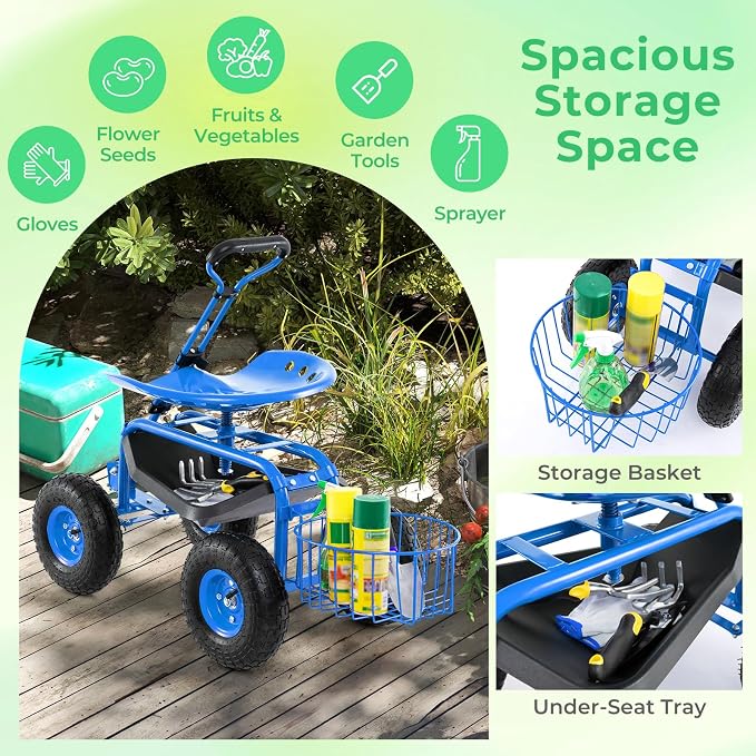 Garden Seat with Wheels, Rolling Stool with Extendable Handle, Storage Basket & Tool Tray, Garden Scooter with 360 Degree Swivel Seat for Outdoor & Yard (Blue)