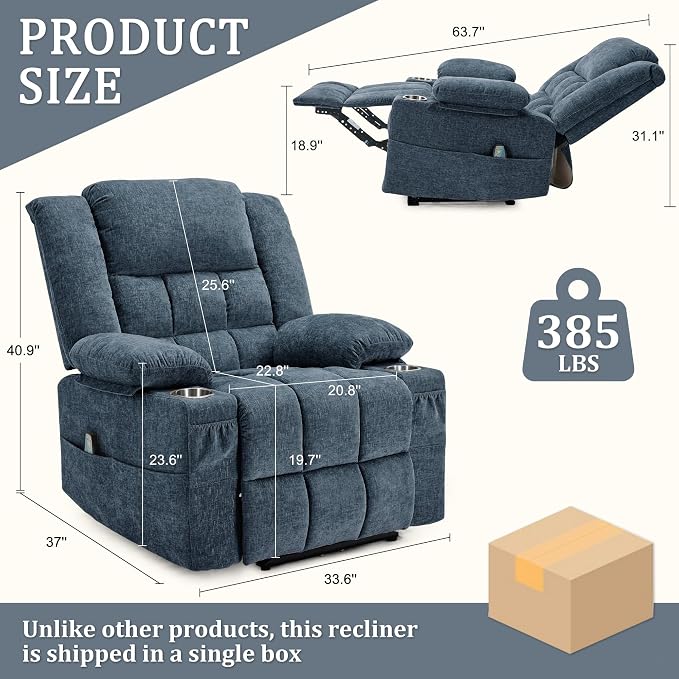 Korser Recliner Chair for Adults, Wall Hugger RV Recliner with Massage and Heating, Zero-Gravity Recliners, Electric Power Recliner Chair for Living Room, Bedroom, Home, Theater Seating (Blue)
