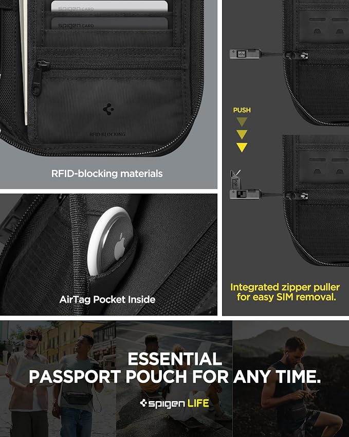 Spigen Life Passport Card Cover Holder, RFID Blocking | Travel Document Organizer, SIM Card Pin Included - Black