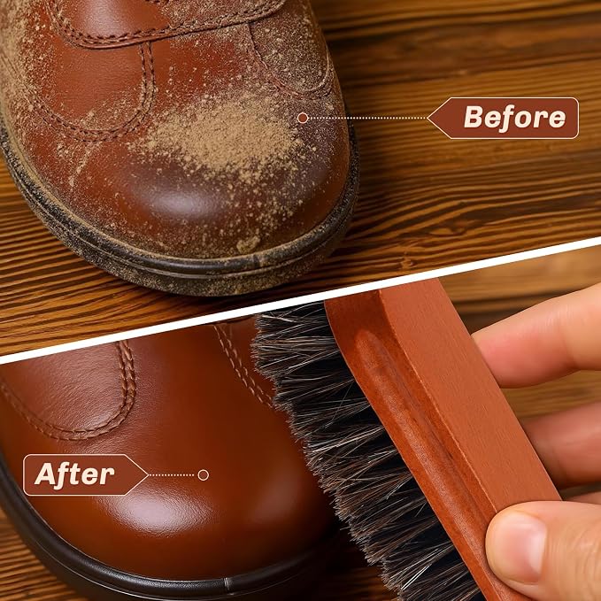 4 Pcs Horsehair Shine Shoes Brush Kit Polish Dauber Applicators Cleaning Leather Shoes Boots Care Brushes Suede Cleaner Brush with Microfiber Shoe Cloth(Brown Style A)