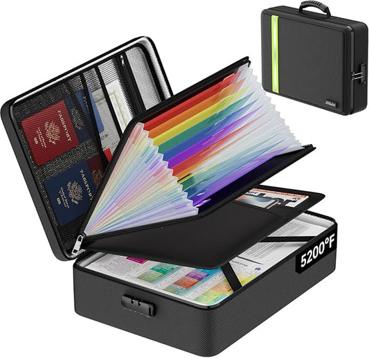 JHSafer Fireproof Document Bag with Lock for Letter/A4 Files, Soft | 5200℉ Fireproof Important Document Organizer with 13 Colorful Pockets, Portable Safe Storage for Home Travel Office