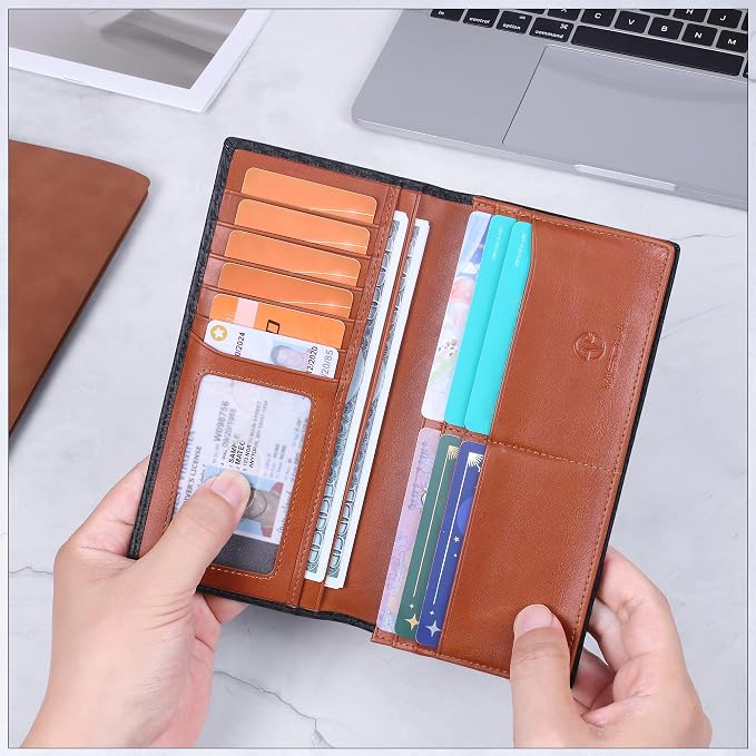 VISOUL Leather Checkbook Cover Wallet for Men with RFID Blocking, Mens Long Bifold Cash Tall Wallet with 11 Credit Card Slots 1 ID Window (Black+Orange)