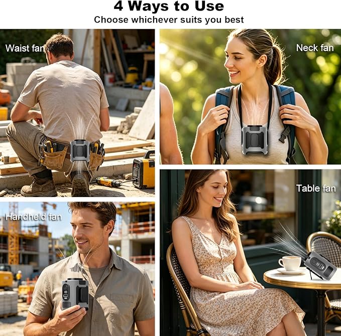 10000mAh Portable Waist Fan Clip on, Personal Cooling for Outdoor | Up to 40H, 5 Speeds 16000RPM Powerful, Hands-Free Shirt/Belt/Neck Fan with Light, for Work Camping Travel