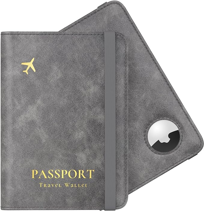Stouchi AirTag Passport Wallet, Grey, Unisex, Faux Leather, RFID Blocking, Anti-Waterproof | Ultra-slim, Waterproof PU Leather, 5 Card Slots, RFID Blocking, AirTag Slot – Perfect for US Passports
