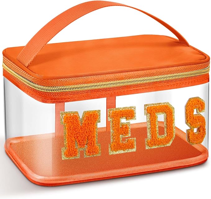 Geetery Chenille Letter Pouch, Travel Meds Bag, Nylon Orange Makeup Bag Clear Medicine Pouch for Travel, Women(Orange, Meds)