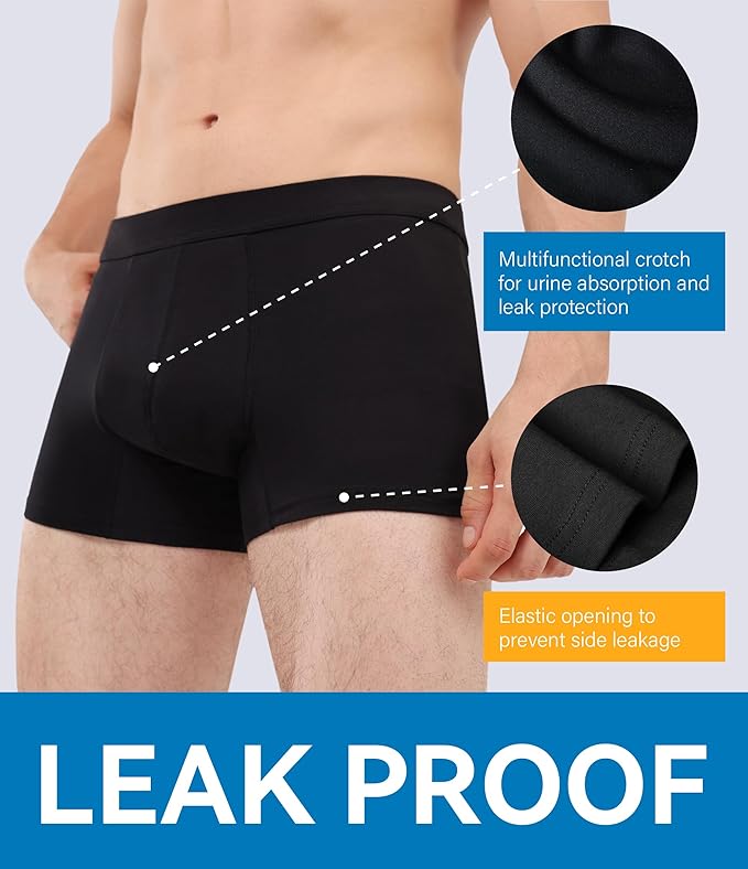 Mens Incontinence Underwear Washable Leak and Odor Protection 60ml Absorbency Covered Waistband Boxer Briefs 3 Pack (3 Black, XL)