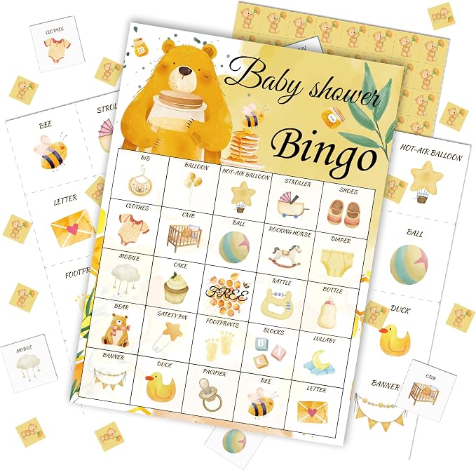 Baby Shower Bingo Game Cards Set for Guests Adults, Honey Bear Baby Shower Party Bingo Game Gender Reveal Bingo Game for Family Friends Large Group Activity, Favors Supplies Decorations