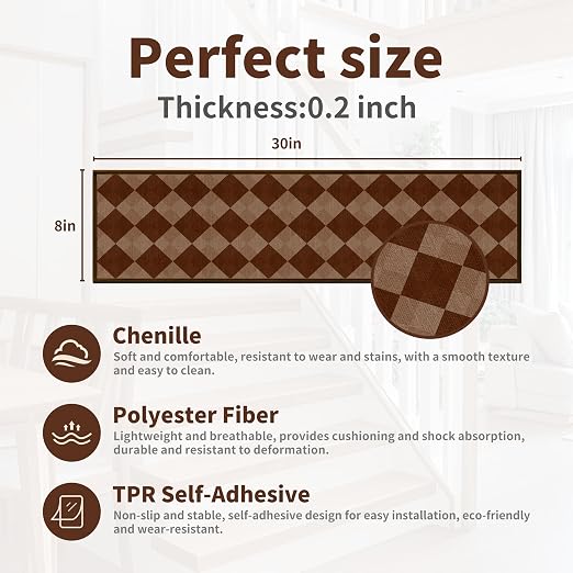 Non Slip Stair Treads for Wooden Steps, 4 Pack 8"x30" Washable Carpet | 8x30 in soft chenille polyester stair treads with reusable TPE backing for indoor wood stairs, dogs, kids, and seniors