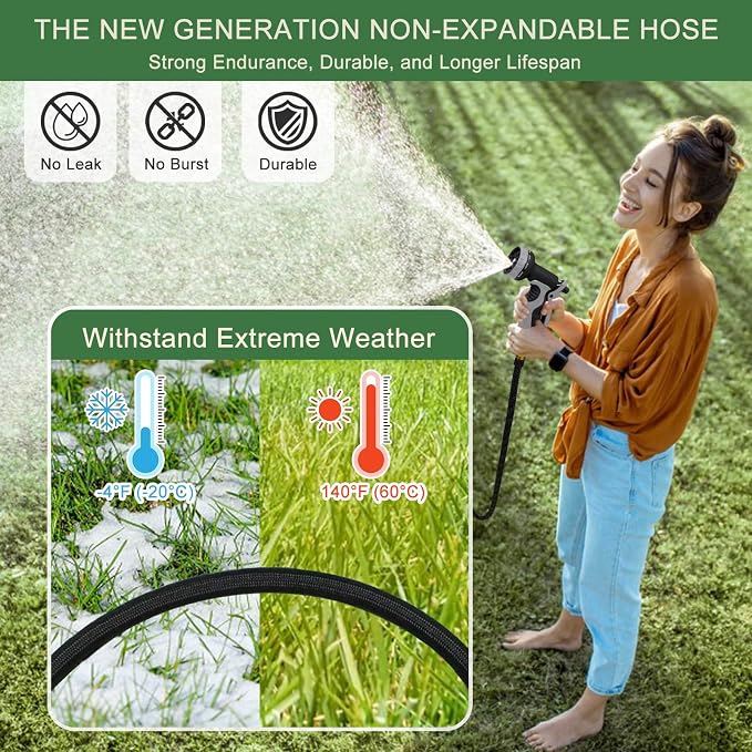Garden Hose 75 ft, Non-Expandable Flexible Water Hose with 10 Function Spray Nozzle, Lightweight, Leak Proof, Kink-Free, Portable Hose for Outdoor, Yard, Lawn, High-Density Fabric, Black Grey
