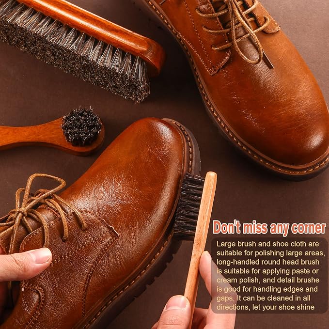 4 Pcs Horsehair Shine Shoes Brush Kit Polish Dauber Applicators Cleaning Leather Shoes Boots Care Brushes Suede Cleaner Brush with Microfiber Shoe Cloth(4 Pcs Style A)