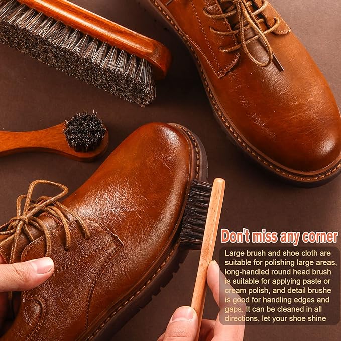 7 Pcs Horsehair Shine Shoes Brush Kit Polish Dauber Applicators Cleaning Leather Shoes Boots Care Brushes Suede Cleaner Brush with Microfiber Shoe Cloth(7 Pcs Style C)