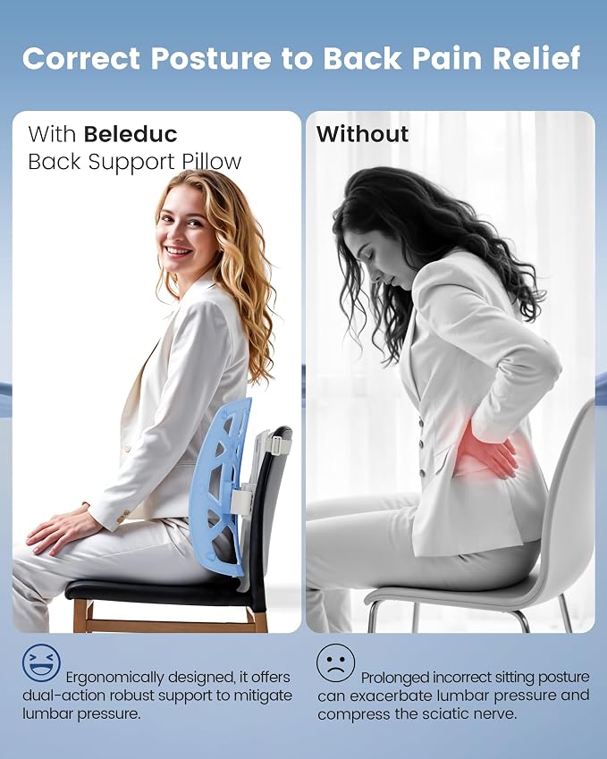 Beleduc Lumbar Support Pillow for Office Chair- Ergonomic Back Support Pillow with Adjustable Height, Improves Posture, Back Cushion with Straps for Home, Office, Car
