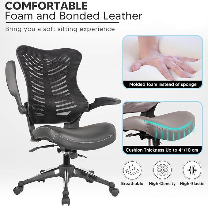 OfficeFactor Executive Ergonomic Computer Office Chair Back Mesh Bonded Leather Seat Flip-up Arms Lumbar Support Molded Foam Seat Adjustable Height Home Office Desk Chair (Black)
