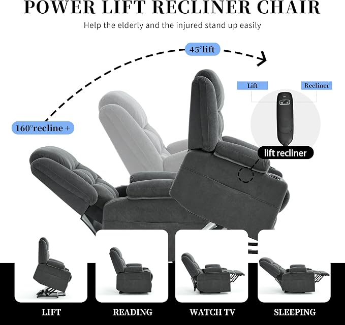 Power Lift Chair Recliners for Elderly with Heat and Massage, Recliner Chairs for Adults, Upgraded Fabric Recliner with USB & Type-C Charge Port, Cup Holders (Grey-O)
