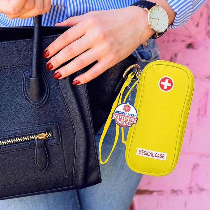 EpiPen Medical Carrying Case Insulated, Travel Medication Organizer Bag Emergency Medical Pouch, Fits 2 EpiPens, Asthma Inhaler, Anti-Histamine, Auvi-Q, Allergy Medicine Essentials, Bright Yellow
