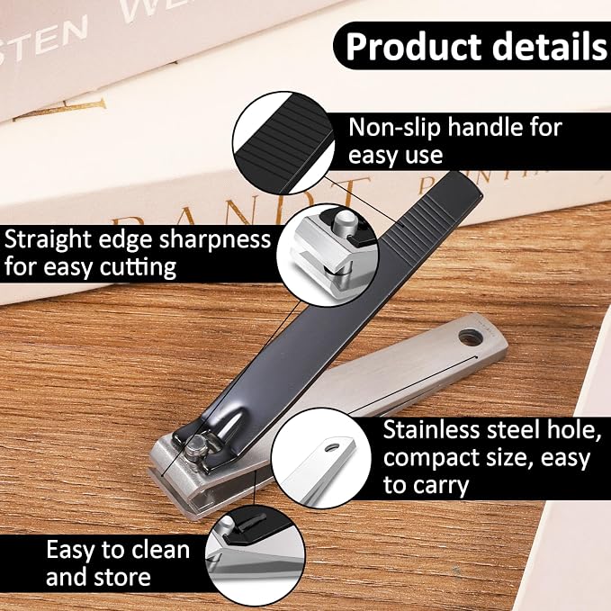 Straight Toenail Nail Clippers, Heavy Duty Stainless Steel Fingernail Clippers Nail Cutter for Trimming Thick Nails Men & Women (Black)