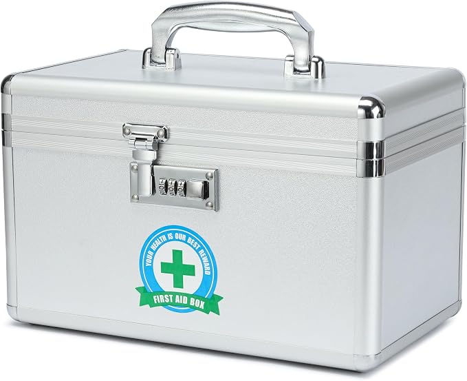 Medication Lock Box with Combination, Lockable Medicine Storage Box, Empty First Aid Box, Security Lock Box, Medical Organizer, Multipurpose Locking Box for Home and Outdoor (Silver, Medium)