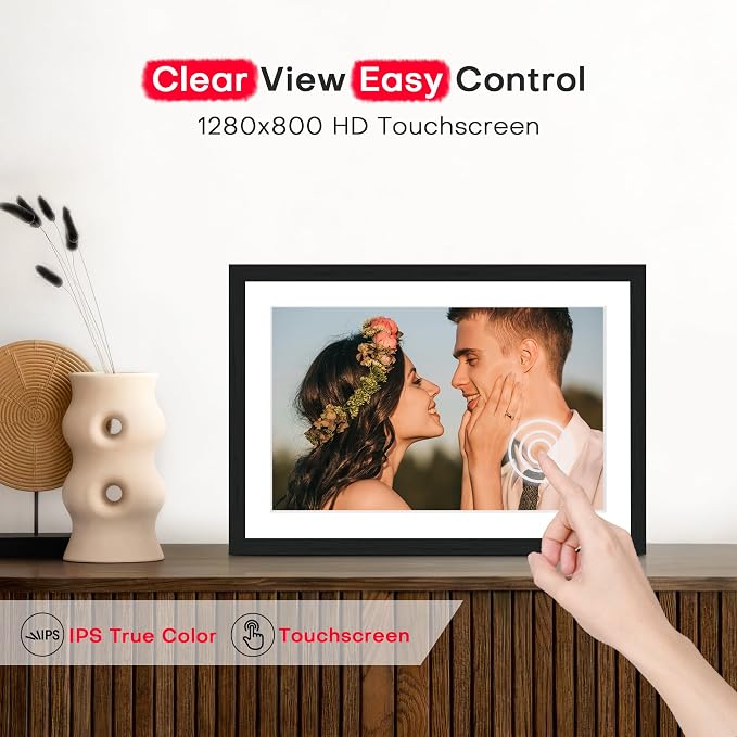 Frameo 10.1" Digital Picture Frame WiFi Wood, 1280 * 800 IPS HD Touchscreen, 32GB Storage, Instant Share Photo Video, Gifts for Mom, House Warming