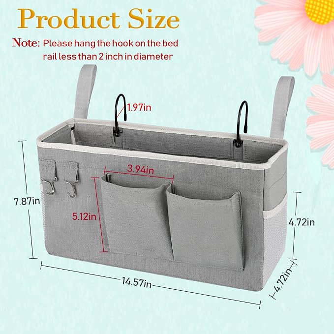 Bedside Caddy Bedside Storage Bag for Headboards/Bunk Bed | Hanging Bed Caddy with Hooks fits Bunk bed Hospital Beds Dorm Bed Rails, Essentials for Phones, Books, Remotes, Water Bottles