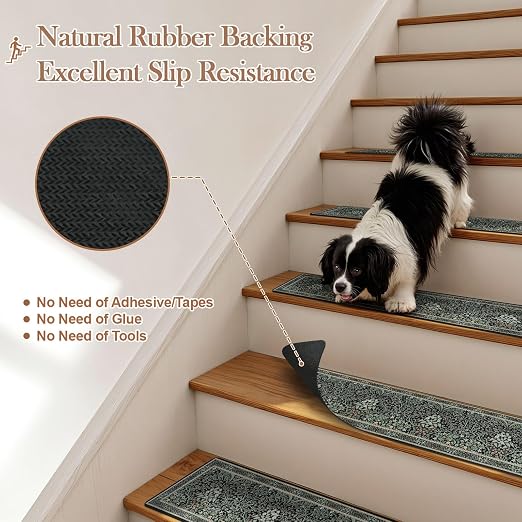 OJIA Black Stair Runner Non-Slip Stair Treads for Wooden Steps 15PCS 30"x8" | Floral Stair Runners Indoor Carpet Stair Treads Stair Mats Staircase Step Treads for Kids, Elders and Dogs, Stair Covers