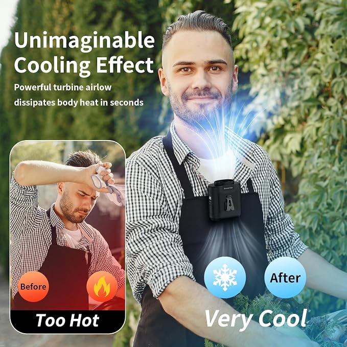 Socool 10000mAh Portable Waist Fan Clip on Wearable Belt Personal Fan Rechargeable Battery operated With 5 Speeds & Flashlight Neck Hands-Free 40H Cooling For Outdoor Camping Travel (Black)