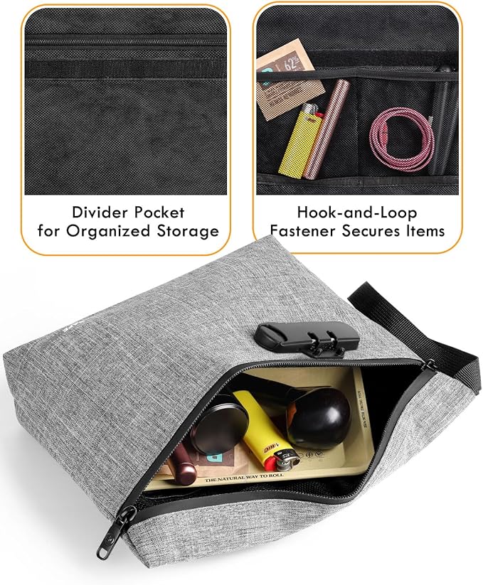 Smell Proof Bag, Odor Proof Bag with Combination Lock, Durable Smell Proof Container with Carbon Lining, Secure Odorless Travel Pouch for Home & On-the-Go (Grey)