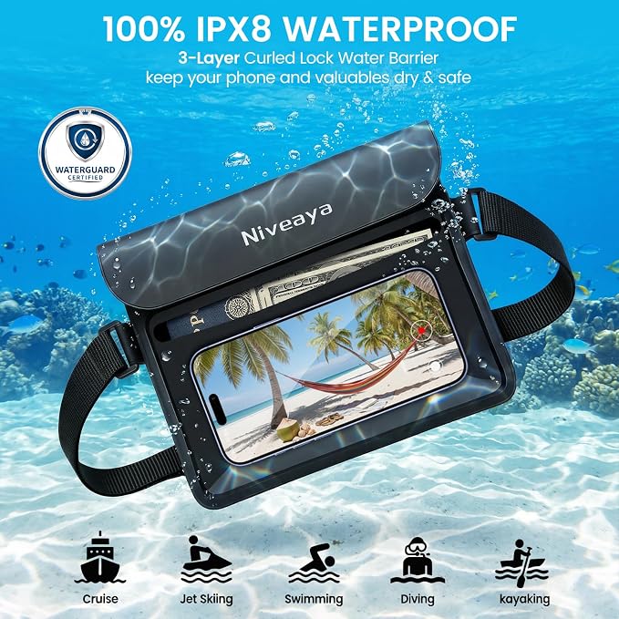 Niveaya IPX8 Waterproof Fanny Pack, Waterproof Pouch Dry Belt Bag for Beach, Kayaking, Swimming, Boat Travel Cruise Essentials, Waterproof Phone Bag Passport Holder for Women Men(2 Pack)