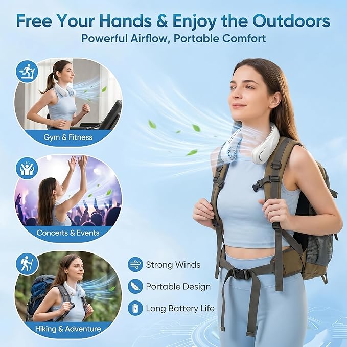 TREDY Neck Fan Portable Rechargeable, 4000mAh Battery Operated Wearable Personal Fan, 5 Speeds Bladeless Cooling Fan, Quiet Hands-Free Fan for Travel, Outdoor, Office