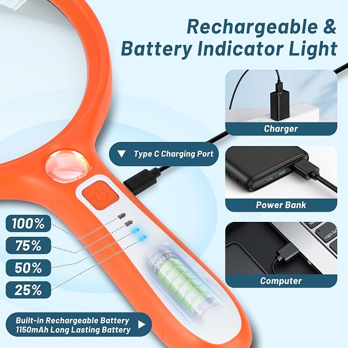 Large Magnifying Glass with Light: 5IN Handheld Illuminated Lighted Magnifier with 13 LED Lights, Rechargeable Magnifier (Orange+White, Magnifier with Light (No Case))