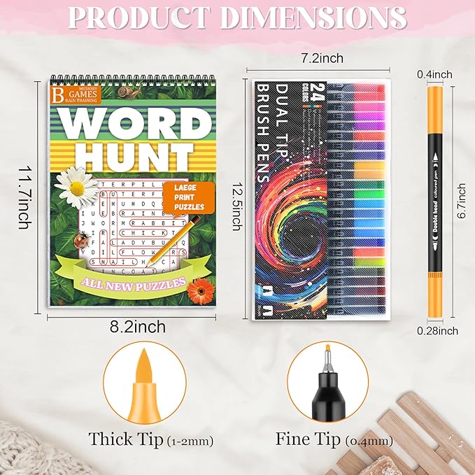Vashly Large Print 350+ Memory Activities for Seniors: 6-In-1Set Brain Exercise Books with Sudoku, Crossword, Word Hunt & Coloring Books, A4 Spiral Bound, Includes 24 Markers, Gift for Elderly Adults