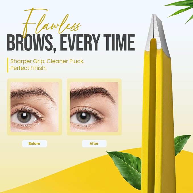 Professional Slant Tip Tweezers - Precision Stainless Steel Eyebrow Plucking Tool for Women and Men, Ingrown Hair Remover, Facial Hair Tweezers for Grooming (Lemon Silk)