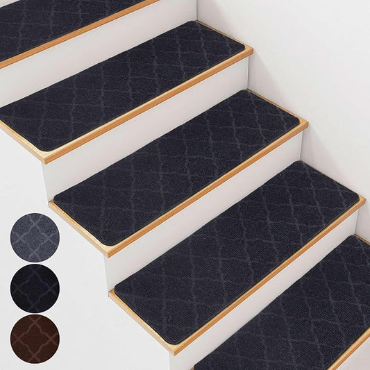 15 PCS Non Slip Stair Treads for Wooden Steps – 8"x30" Indoor Non Slip Stair Treads, Carpet Stair Mats with Self-Adhesive Backing, Removable & Machine Washable – Grey Pattern