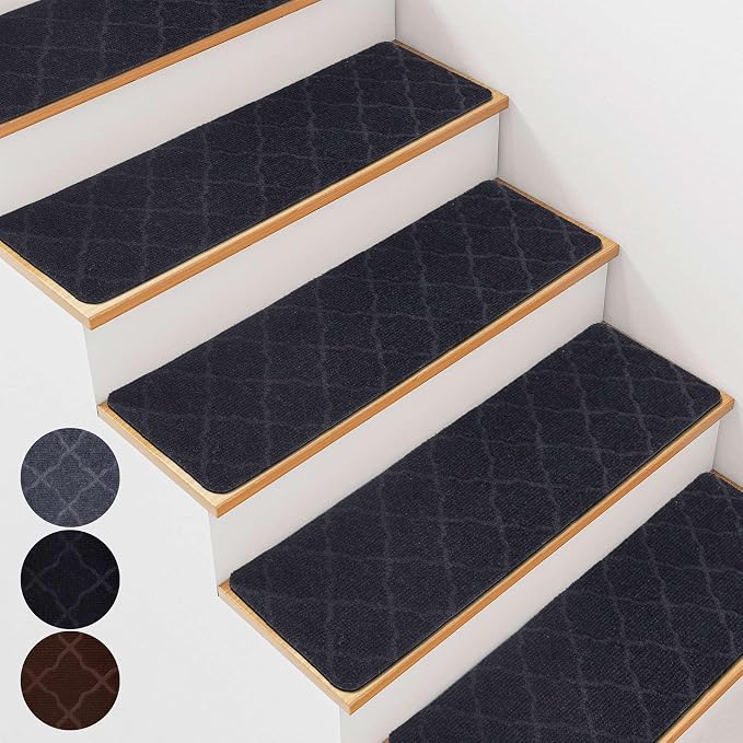 7 PCS Non Slip Stair Treads for Wooden Steps – 8"x30" Indoor Non Slip Stair Treads, Carpet Stair Mats with Self-Adhesive Backing, Removable & Machine Washable – Dark Grey Pattern
