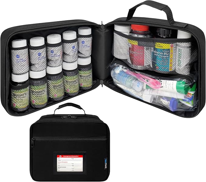 Large Medicine Organizer Bag With Emergency Card - 10 Pocket Pill Bottle Organizer for Travel & Home Storage, Black