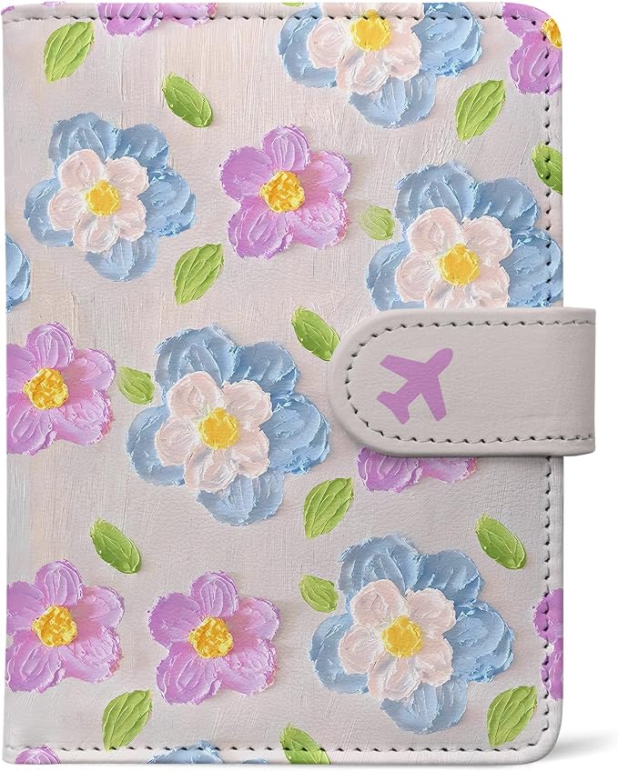 Passport Holder, Cute Travel Wallet Cover with RFID Blocking, | PU leather travel wallet with magnetic closure, card slots, pen loop, and easy access for passports and essentials.