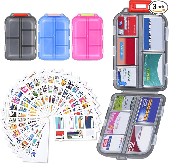 Large Travel Pill Organizer, 10 Compartments Small Portable Pill Case with 189 Medicine Labels, Compact Medicine Storage Box for Purse, Pocket, Airplane, Travel, Nurse Daily Use 3 Pack