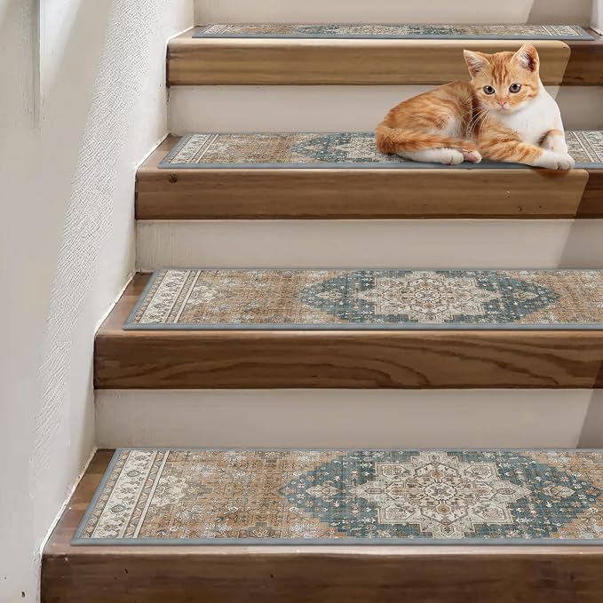 sarben 8"x30" Non Slip Stair Treads for Wooden Steps 15 Pack, Blue Brown | Peel and Stick Carpet Stair Runner with TPE Adhesive Backing, Carpet for Added Safety, Pet and Senior Friendly