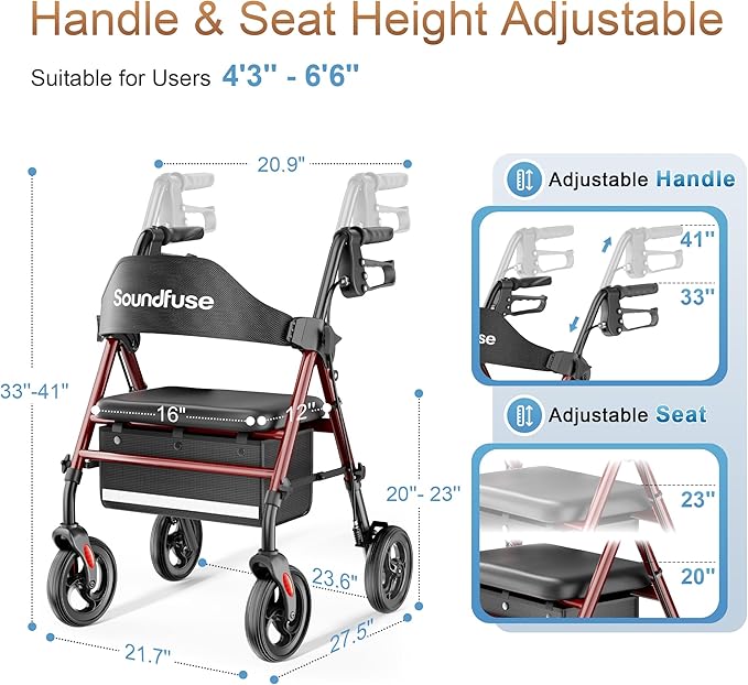 Rollator Walkers with Seat for Seniors, Foldable 8" Big Wheels All Terrain Rolling Walker, Handles and Ergonomic Seat Height Adjustable, 350lb Weight Capacity