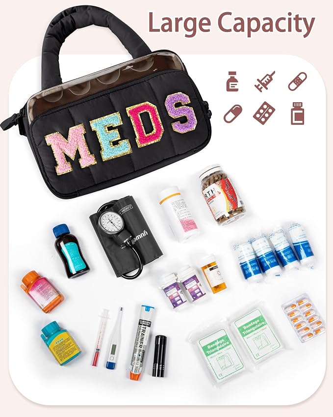 Fasrom Chenille Letter Medicine Bag, Pill Bottle Organizer for Travel Meds | Preppy Patch Design, Puffy Handle, Portable Storage for Medical Supplies & Toiletries, Makeup Case for Women