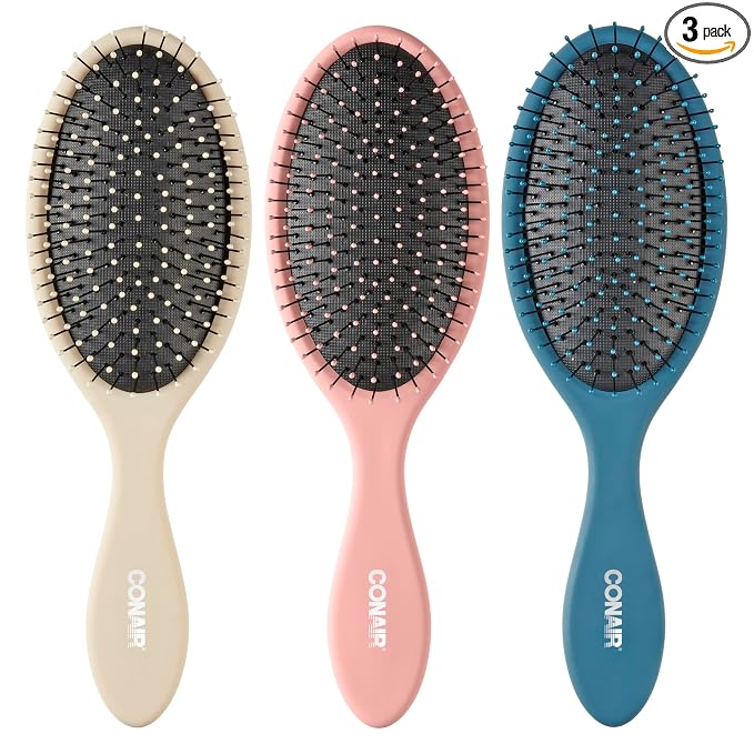 Conair Detangling Hair Brush Set, 3-Pack Detangler Brushes for Wet or Dry Hair, Gentle Detangler for All Hair Types, Bristle Hair Brushes for Women, Beige, Navy, and Coral