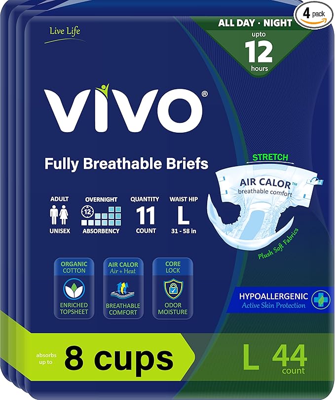 VIVO Organic Cotton Overnight Sensitive Skin Adult Incontinence Diaper Briefs with Tabs, Large 44 Count