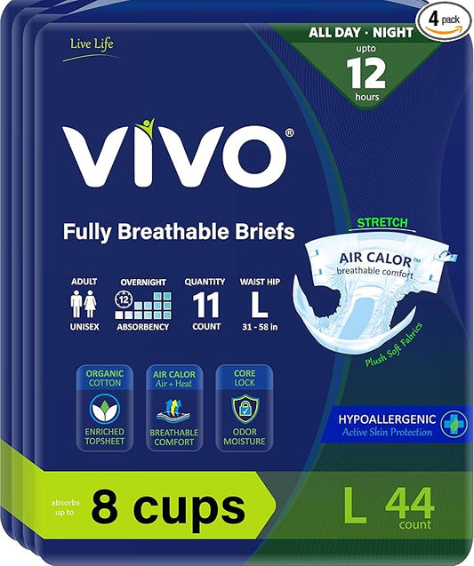 VIVO Organic Cotton Overnight Sensitive Skin Adult Incontinence Diaper Briefs with Tabs, Large 44 Count