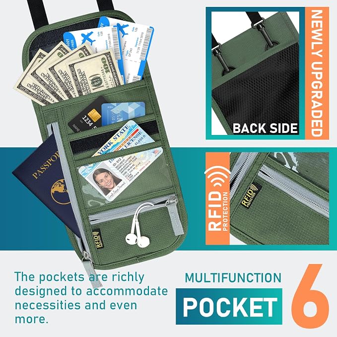 Travel Neck Wallet, RFID Blocking Passport Holder with Adjustable Neck Strap for Men and Women to Keep Cash, Credit Cards and Travel Documents Safe - B