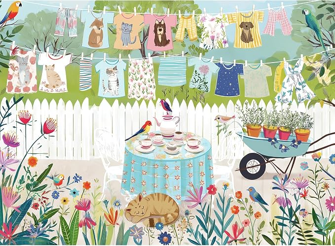 500 Piece Jigsaw Puzzle for Adults, Garden Laundry Day with Cats & Birds | Whimsical clotheslines, blooming flowers, cozy tea table, family game night, screen-free fun, wall decor and gifts